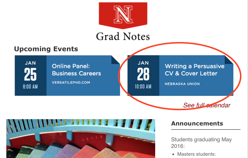 A screenshot of the Grad Notes Postcard with an upcoming event circled