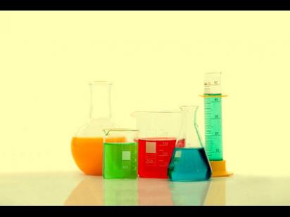 chemistry bottles with liquids