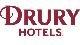 Drury Hotels logo in red serif font on a white background.