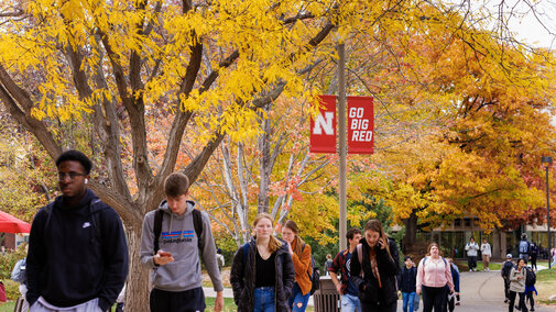 fall scene, students walking on campus
